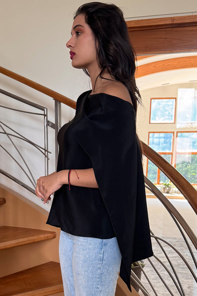 Asymmetrical Draped Top in Black Silk Charmeuse by Ludmila Couture