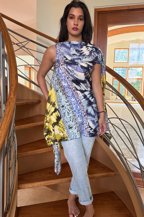 Asymmetrical Draped Top in Butterfly Print Silk Charmeuse Multicolor by Ludmila Couture