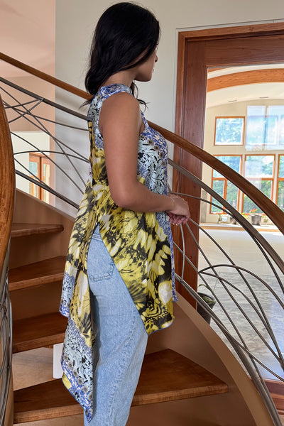 Asymmetrical Draped Top in Butterfly Print Silk Charmeuse Multicolor by Ludmila Couture