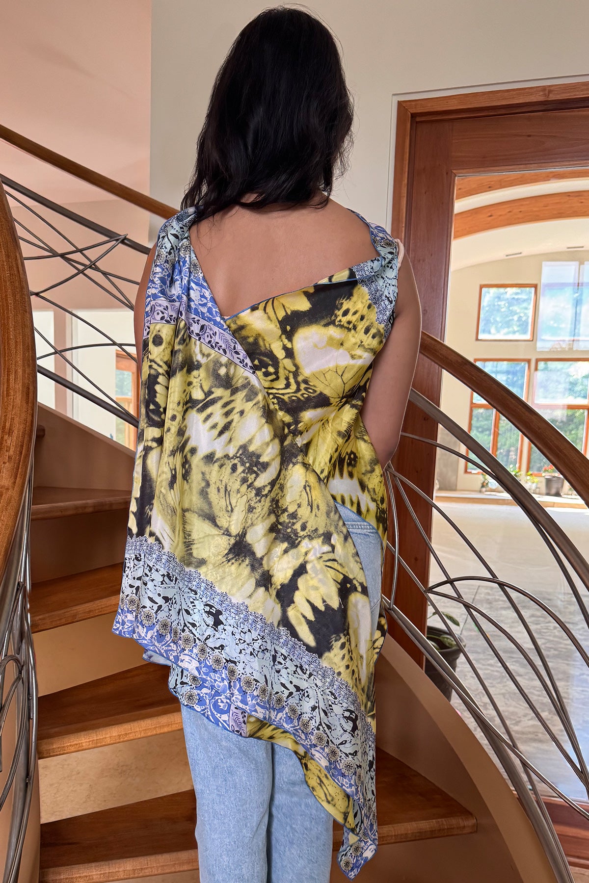 Asymmetrical Draped Top in Butterfly Print Silk Charmeuse Multicolor by Ludmila Couture