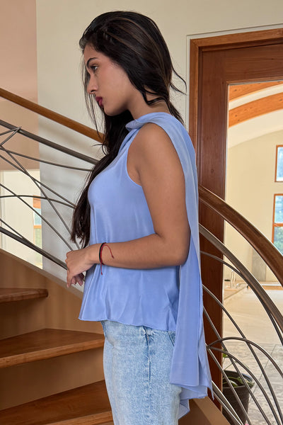 Asymmetrical Draped Top in Sky Blue Silk Charmeuse by Ludmila Couture
