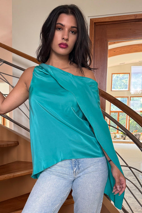 Asymmetrical Draped Top in Turquoise Silk Charmeuse by Ludmila Couture
