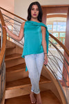 Asymmetrical Draped Top in Turquoise Silk Charmeuse by Ludmila Couture