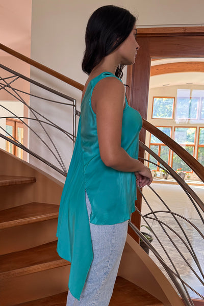 Asymmetrical Draped Top in Turquoise Silk Charmeuse by Ludmila Couture