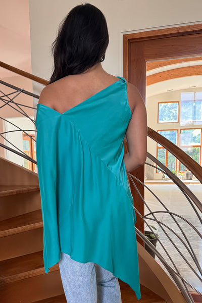 Asymmetrical Draped Top in Turquoise Silk Charmeuse by Ludmila Couture