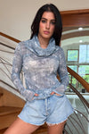Mesh Long Sleeved Top with Hooded Cowl Neck