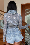 Mesh Long Sleeved Top with Hooded Cowl Neck