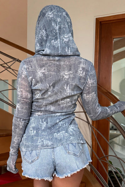 Mesh Long Sleeved Top with Hooded Cowl Neck