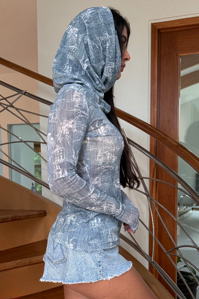 Mesh Long Sleeved Top with Hooded Cowl Neck