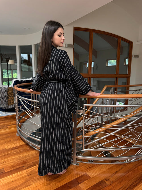  Japanese  White-Black Striped Cotton Kimono Robe by Ludmila Couture