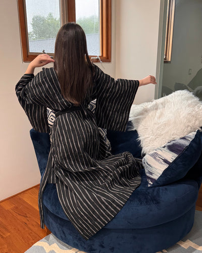 Japanese  White-Black Striped Cotton Kimono Robe by Ludmila Couture