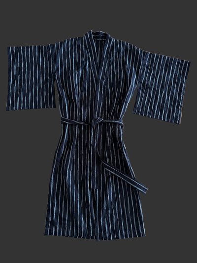 Japanese  White-Black Striped Cotton Kimono Robe by Ludmila Couture