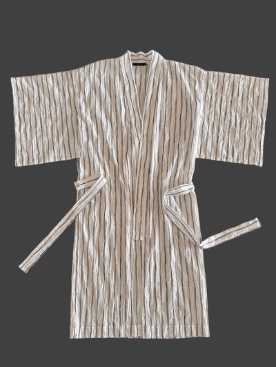 Japanese  White-Black Striped Cotton Kimono Robe Unisex by Ludmila Couture