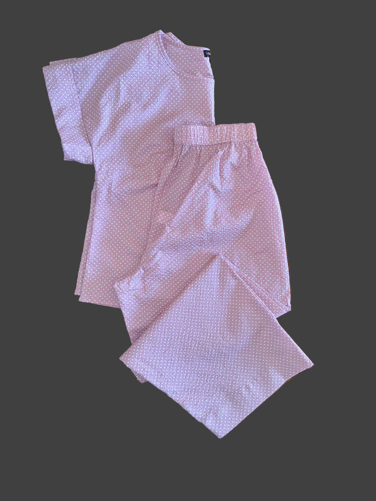 Mauve White Polka Dot Japanese Cotton Short Sleeve Long Pants Lounge Set Pajama by Ludmila Couture
