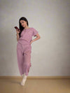 Mauve White Polka Dot Japanese Cotton Short Sleeve Long Pants Lounge Set Pajama by Ludmila Couture