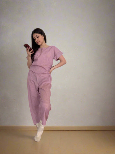 Mauve White Polka Dot Japanese Cotton Short Sleeve Long Pants Lounge Set Pajama by Ludmila Couture