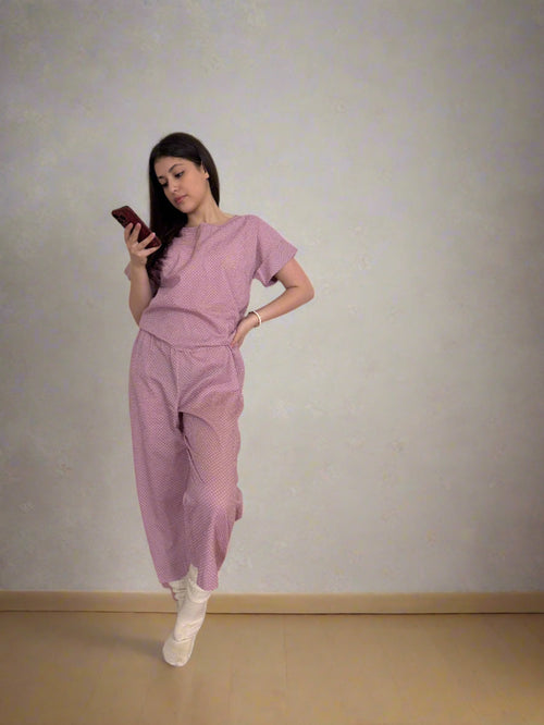Mauve White Polka Dot Japanese Cotton Short Sleeve Long Pants Lounge Set Pajama by Ludmila Couture