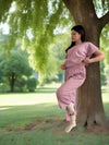 Mauve White Polka Dot Japanese Cotton Short Sleeve Long Pants Lounge Set Pajama by Ludmila Couture