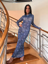 Bodycon Navy Maxi Hooded Cowl Neck Mesh Dress by Ludmila Couture