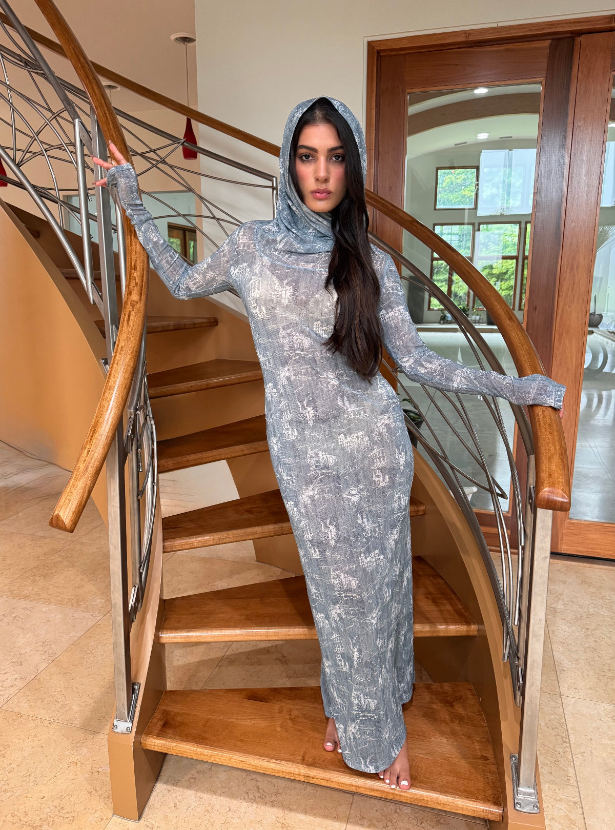 Bodycon Grey Maxi Hooded Cowl Neck Mesh Dress by Ludmila Couture