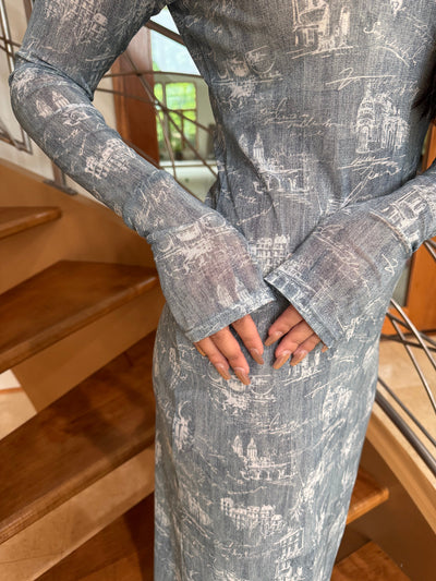 Bodycon Grey Maxi Hooded Cowl Neck Mesh Dress by Ludmila Couture