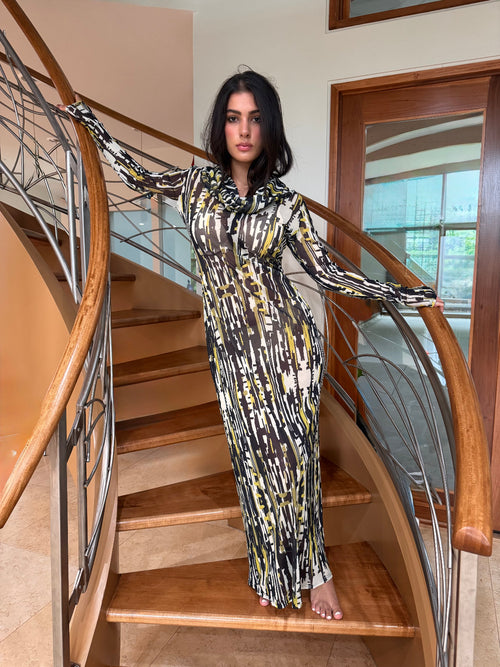 Printed Bodycon Maxi Hooded Cowl Neck Mesh Dress by Ludmila Couture