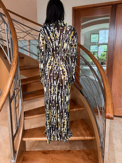 Printed Bodycon Maxi Hooded Cowl Neck Mesh Dress by Ludmila Couture