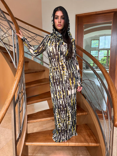 Printed Bodycon Maxi Hooded Cowl Neck Mesh Dress by Ludmila Couture