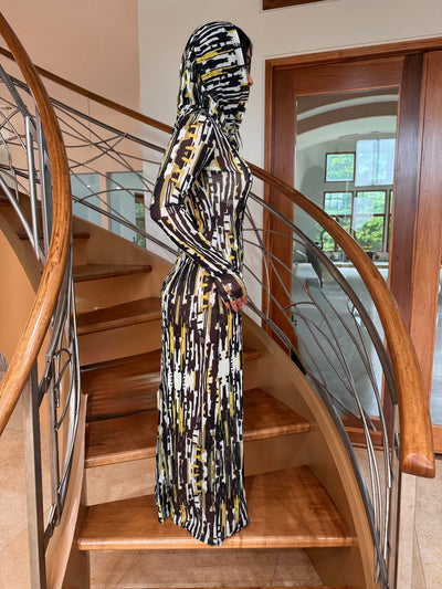 Printed Bodycon Maxi Hooded Cowl Neck Mesh Dress by Ludmila Couture