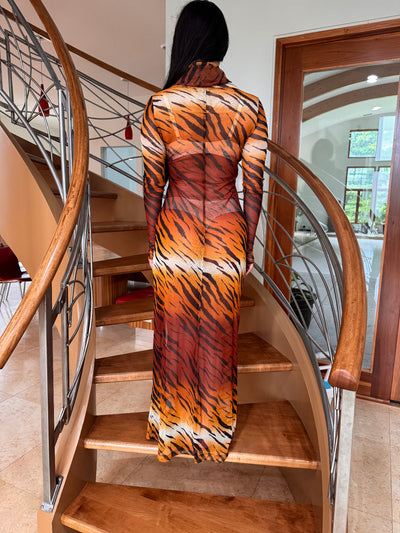 Tiger Printed Bodycon Maxi Hooded Cowl Neck Mesh Dress by Ludmila Couture