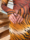 Tiger Printed Bodycon Maxi Hooded Cowl Neck Mesh Dress by Ludmila Couture