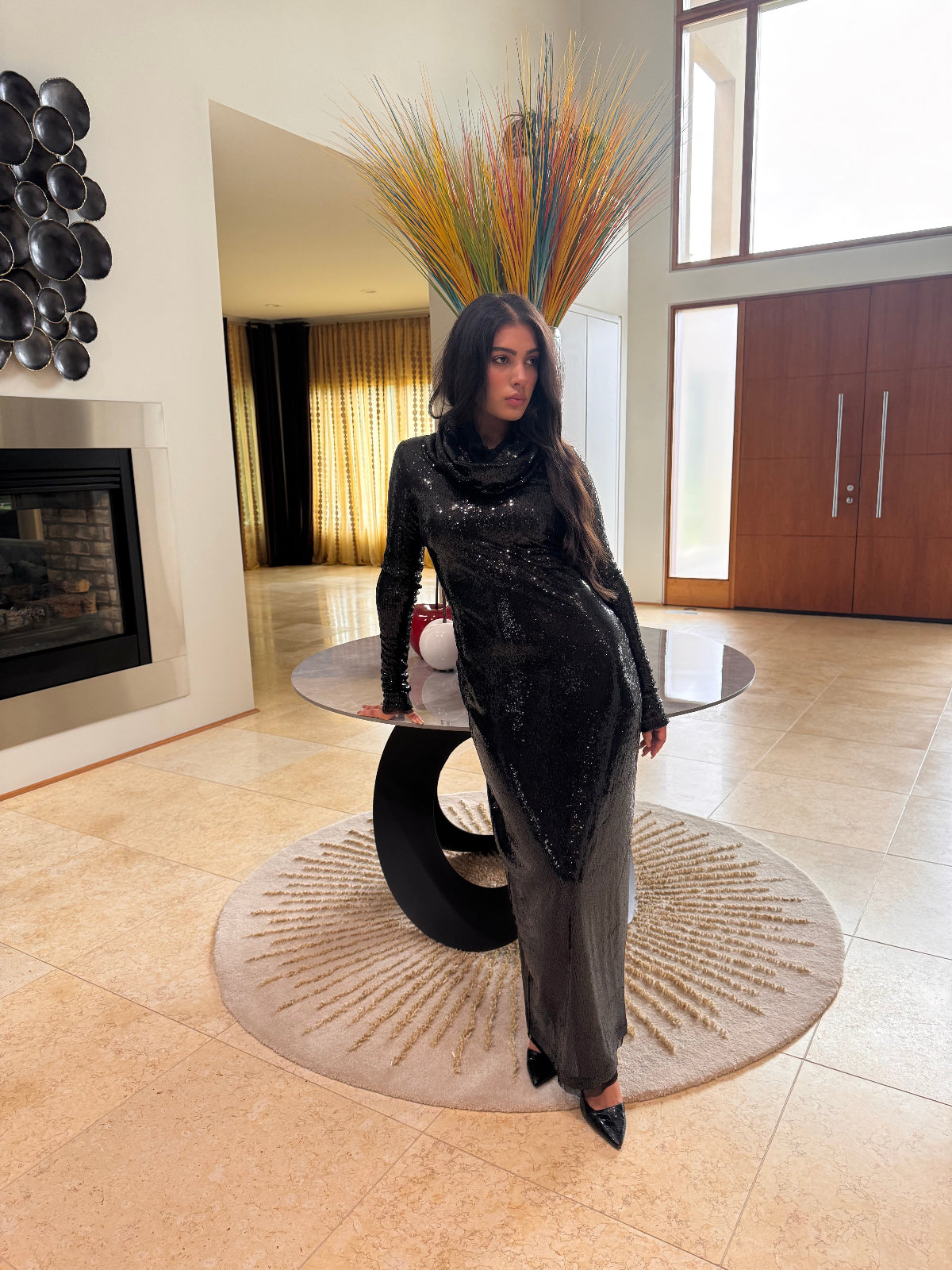 Zalia  Black  Bodycon Maxi Hooded Cowl Neck Sequins Dress Long Sleeves  by Ludmila Couture