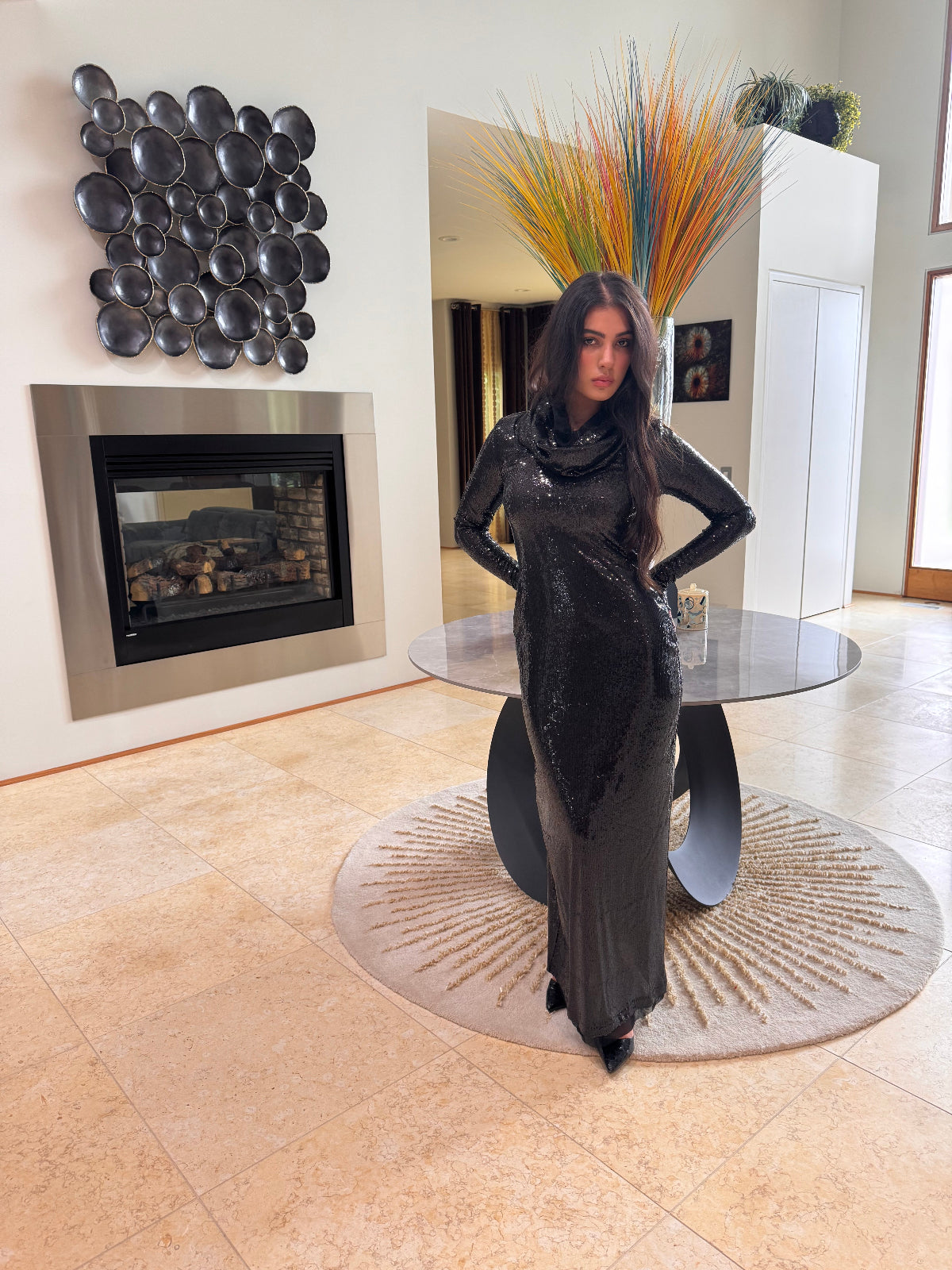Zalia  Black  Bodycon Maxi Hooded Cowl Neck Sequins Dress Long Sleeves  by Ludmila Couture