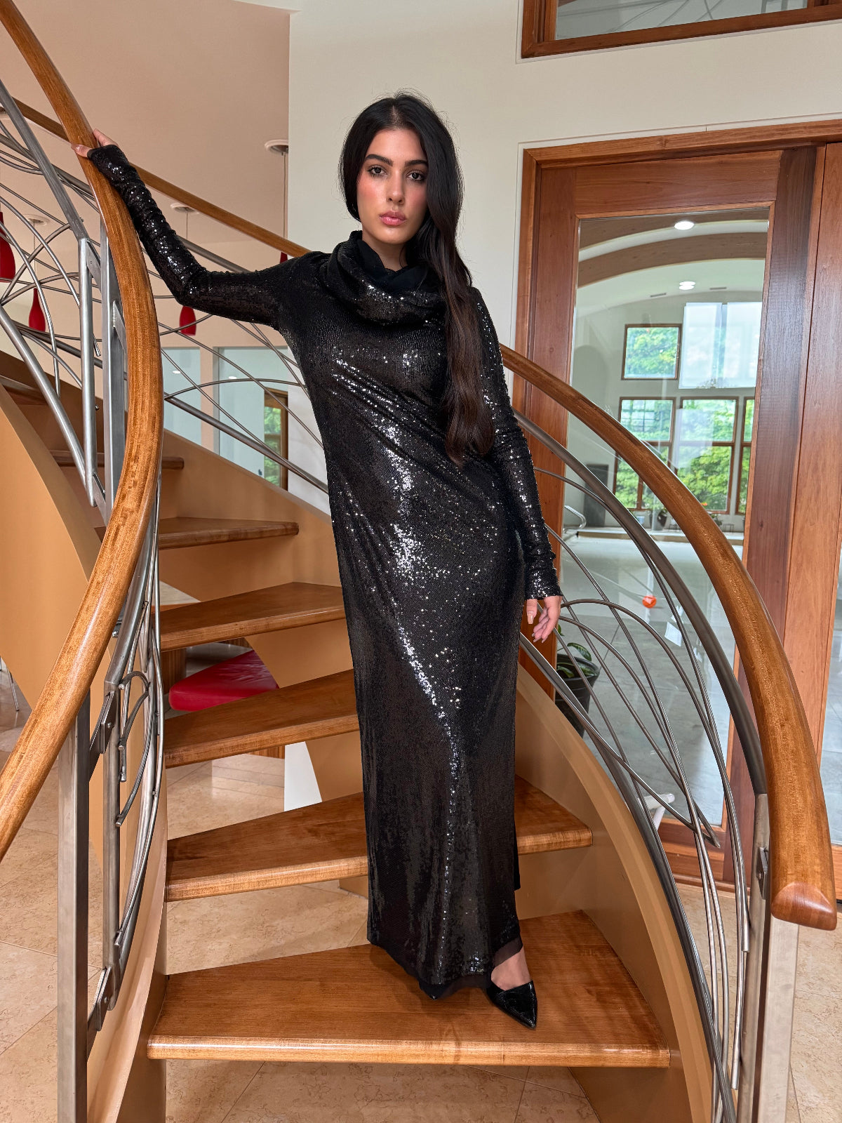 Zalia  Black  Bodycon Maxi Hooded Cowl Neck Sequins Dress Long Sleeves  by Ludmila Couture