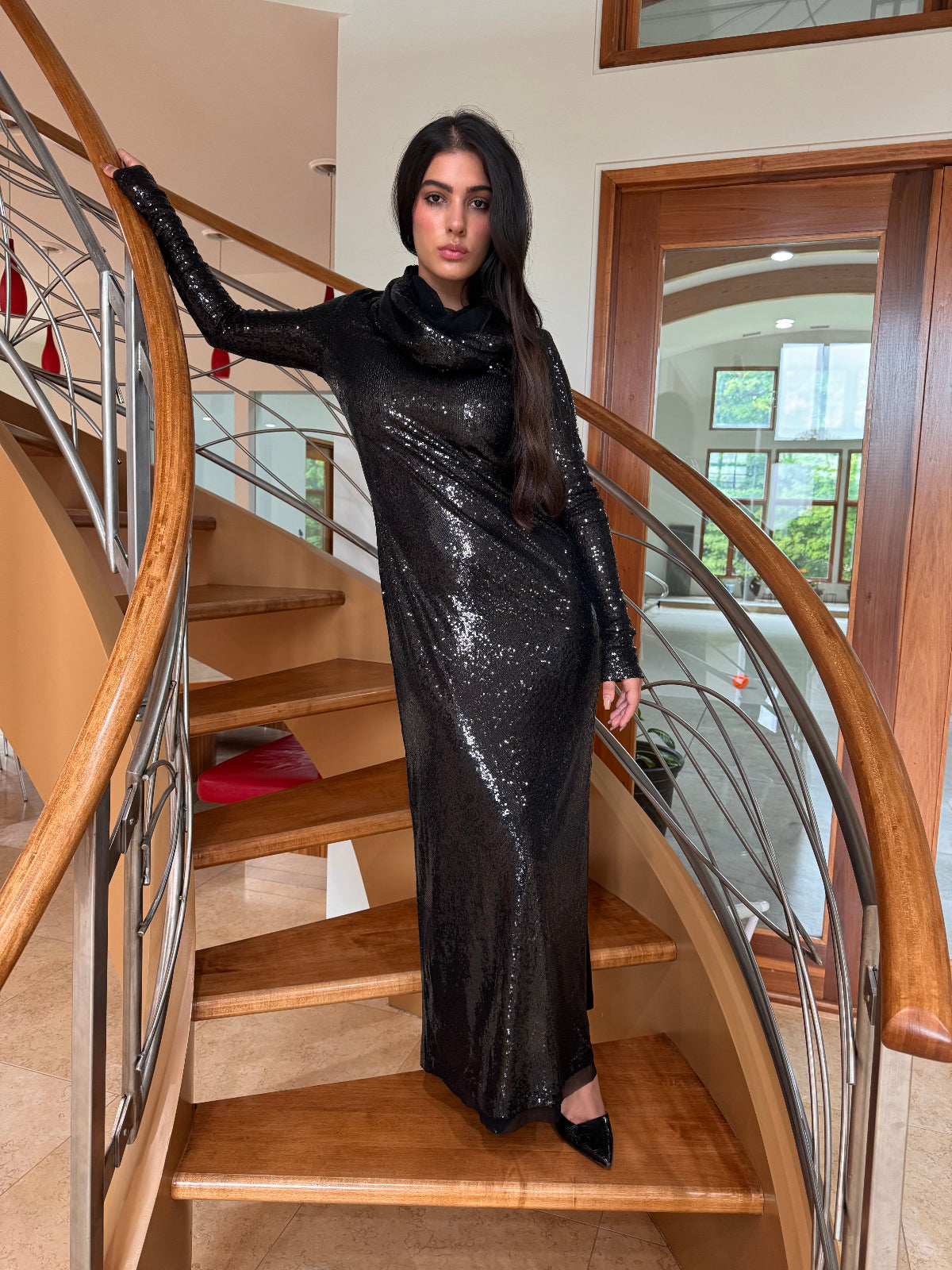Zalia  Black  Bodycon Maxi Hooded Cowl Neck Sequins Dress Long Sleeves  by Ludmila Couture