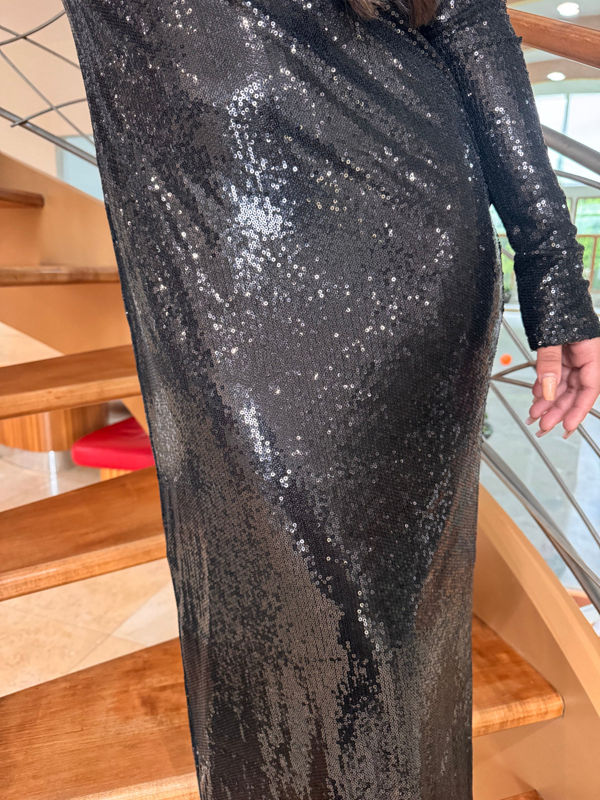 Zalia  Black  Bodycon Maxi Hooded Cowl Neck Sequins Dress Long Sleeves  by Ludmila Couture