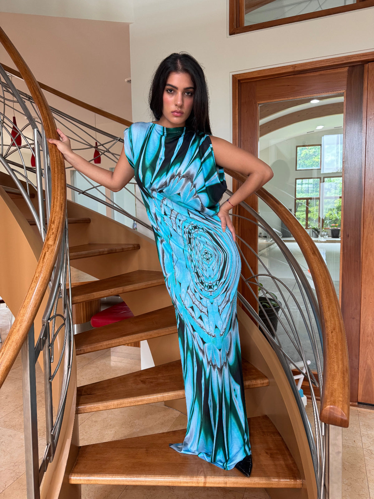  Maxi Dress Blue Abstract Print Design by Ludmila Couture