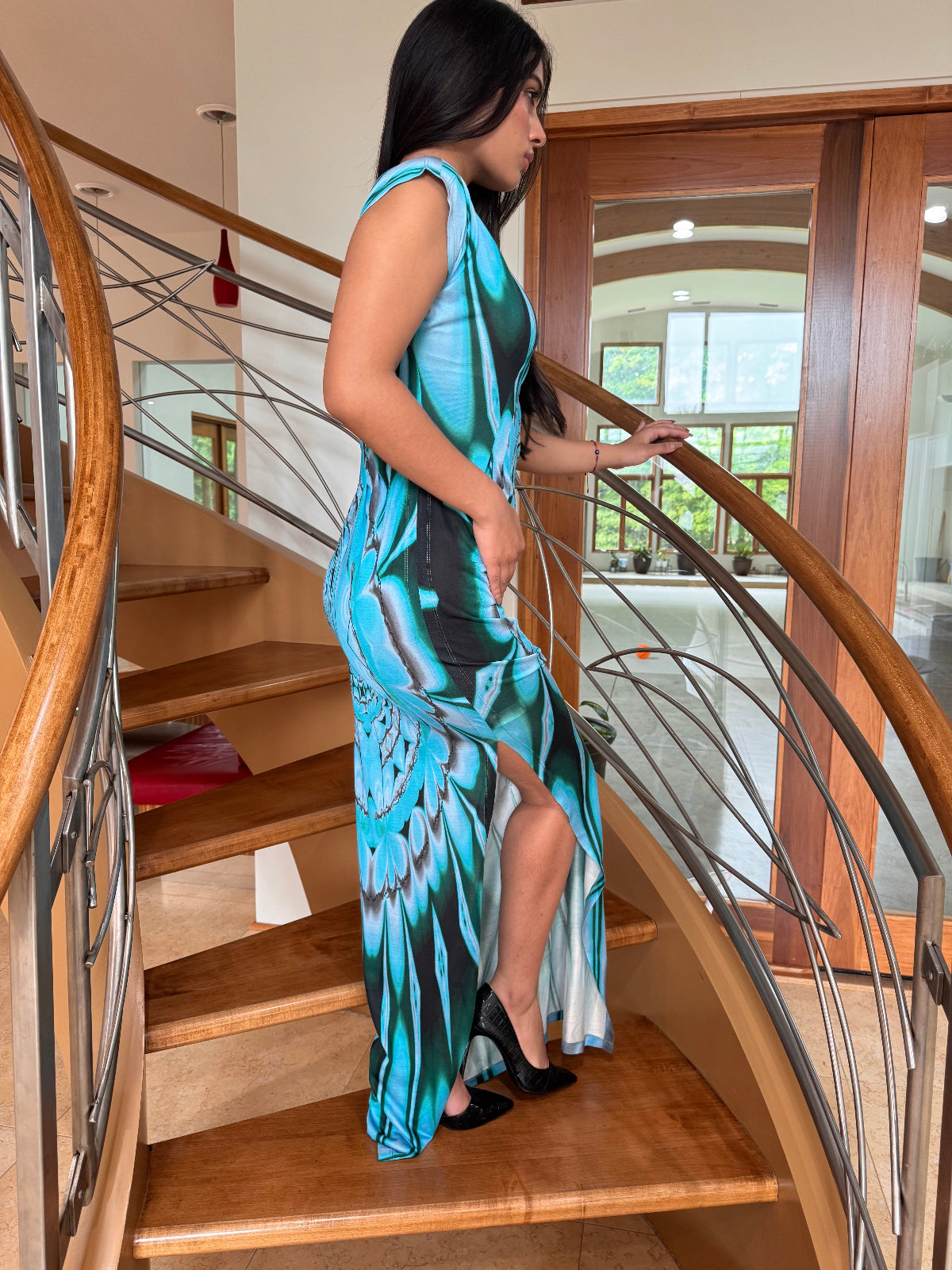 Maxi Dress Blue Abstract Print Design by Ludmila Couture