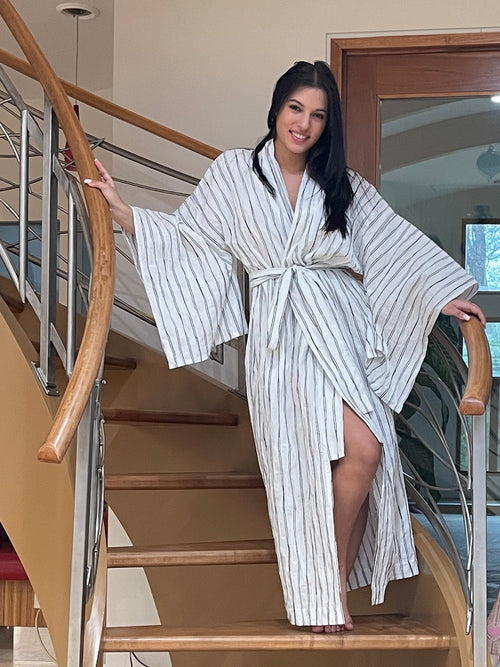  Japanese  White-Black Striped Cotton Kimono Robe Unisex by Ludmila Couture