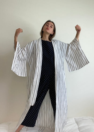 Japanese  White-Black Striped Cotton Kimono Robe Unisex by Ludmila Couture