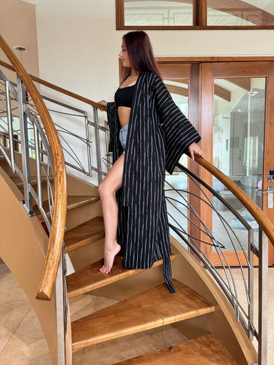 Japanese  White-Black Striped Cotton Kimono Robe by Ludmila Couture
