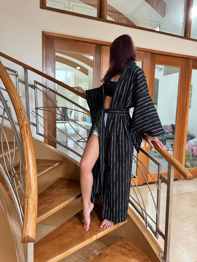 Japanese  White-Black Striped Cotton Kimono Robe by Ludmila Couture