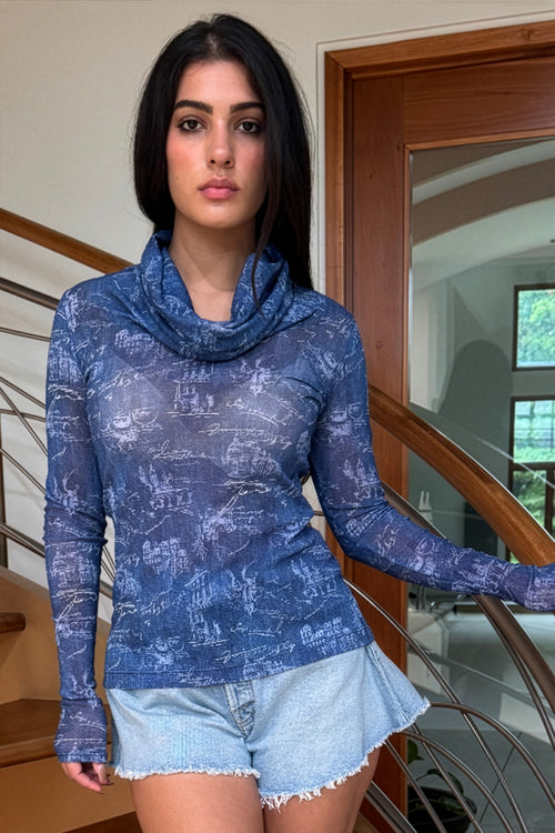 Mesh Long Sleeved Top with Hooded Cowl Neck