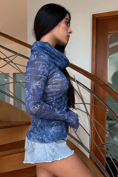 Mesh Long Sleeved Top with Hooded Cowl Neck