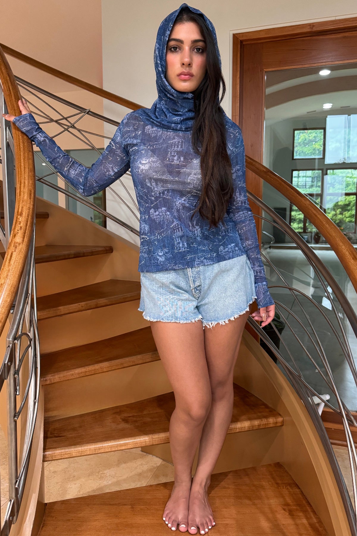 Mesh Long Sleeved Top with Hooded Cowl Neck