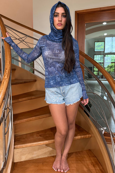 Mesh Long Sleeved Top with Hooded Cowl Neck