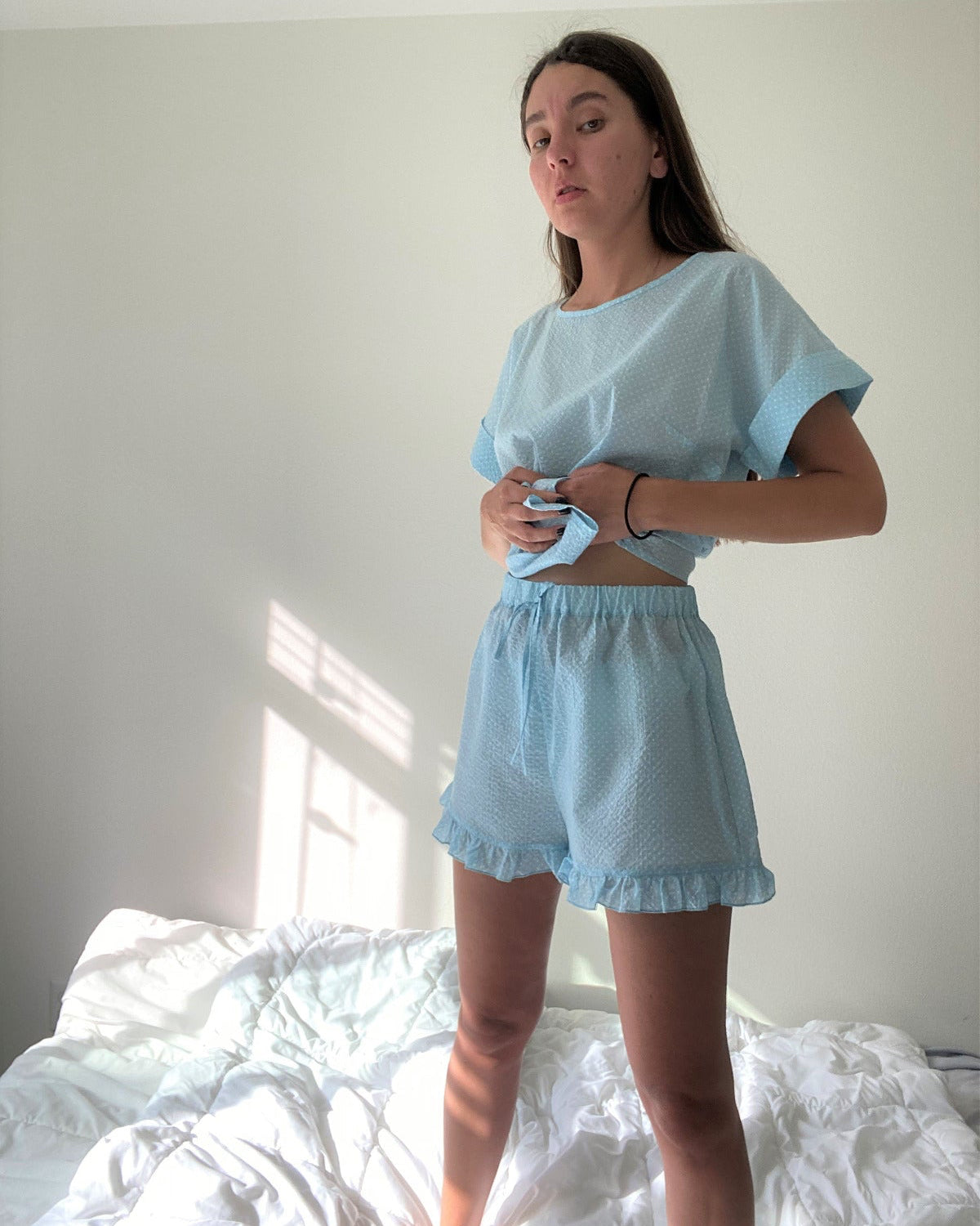 Baby Blue White Polka Dot Japanese Cotton Lounge Set by Ludmila Couture