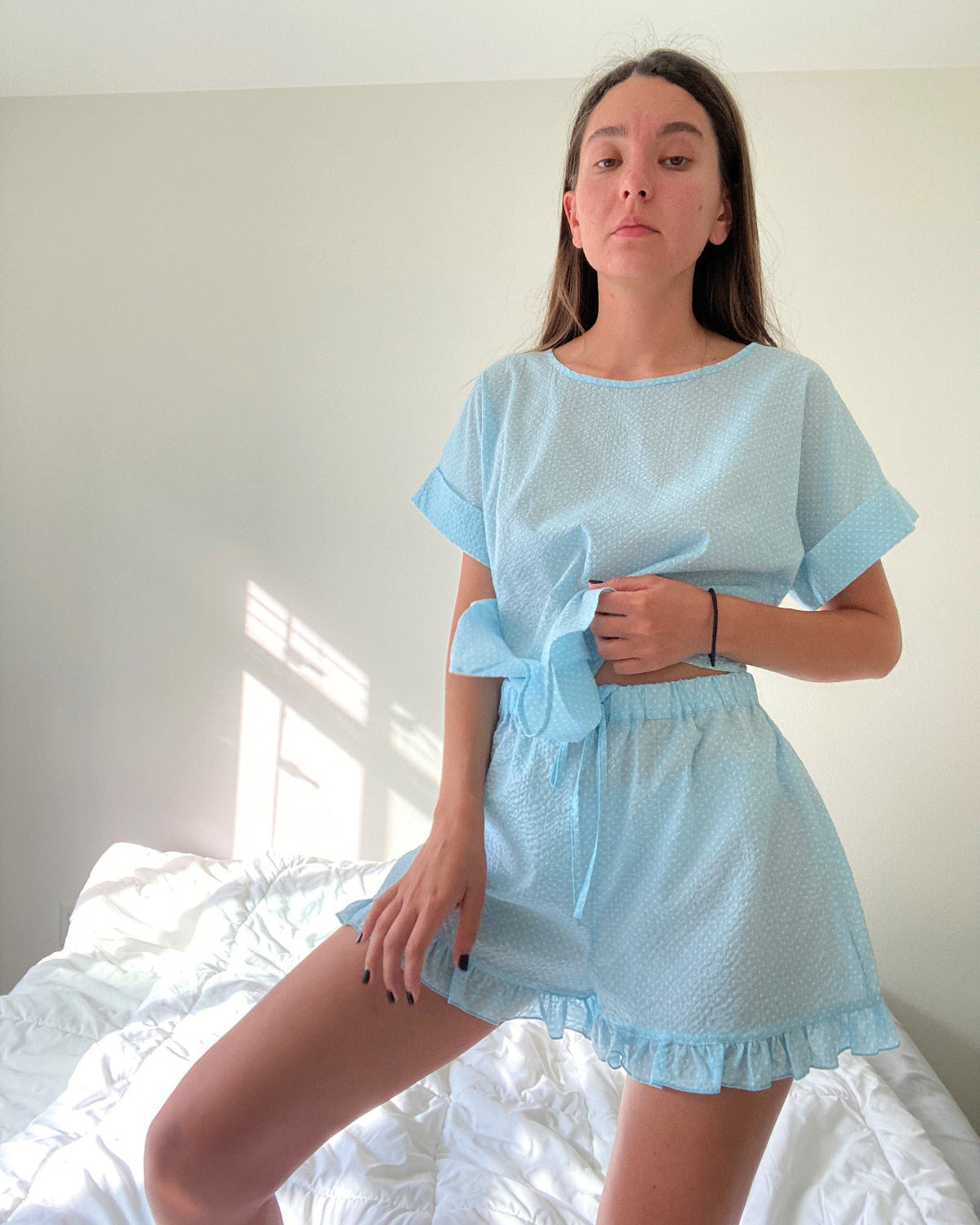 Baby Blue White Polka Dot Japanese Cotton Lounge Set by Ludmila Couture