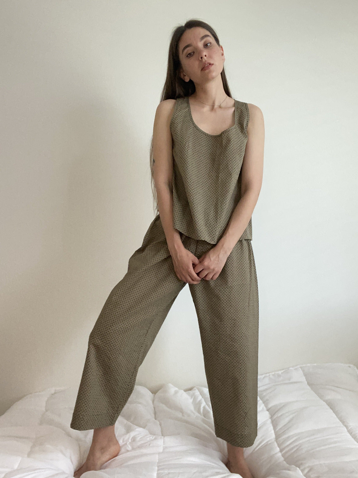 Military Green Japanese polka dot cotton lounge set by Ludmila Couture