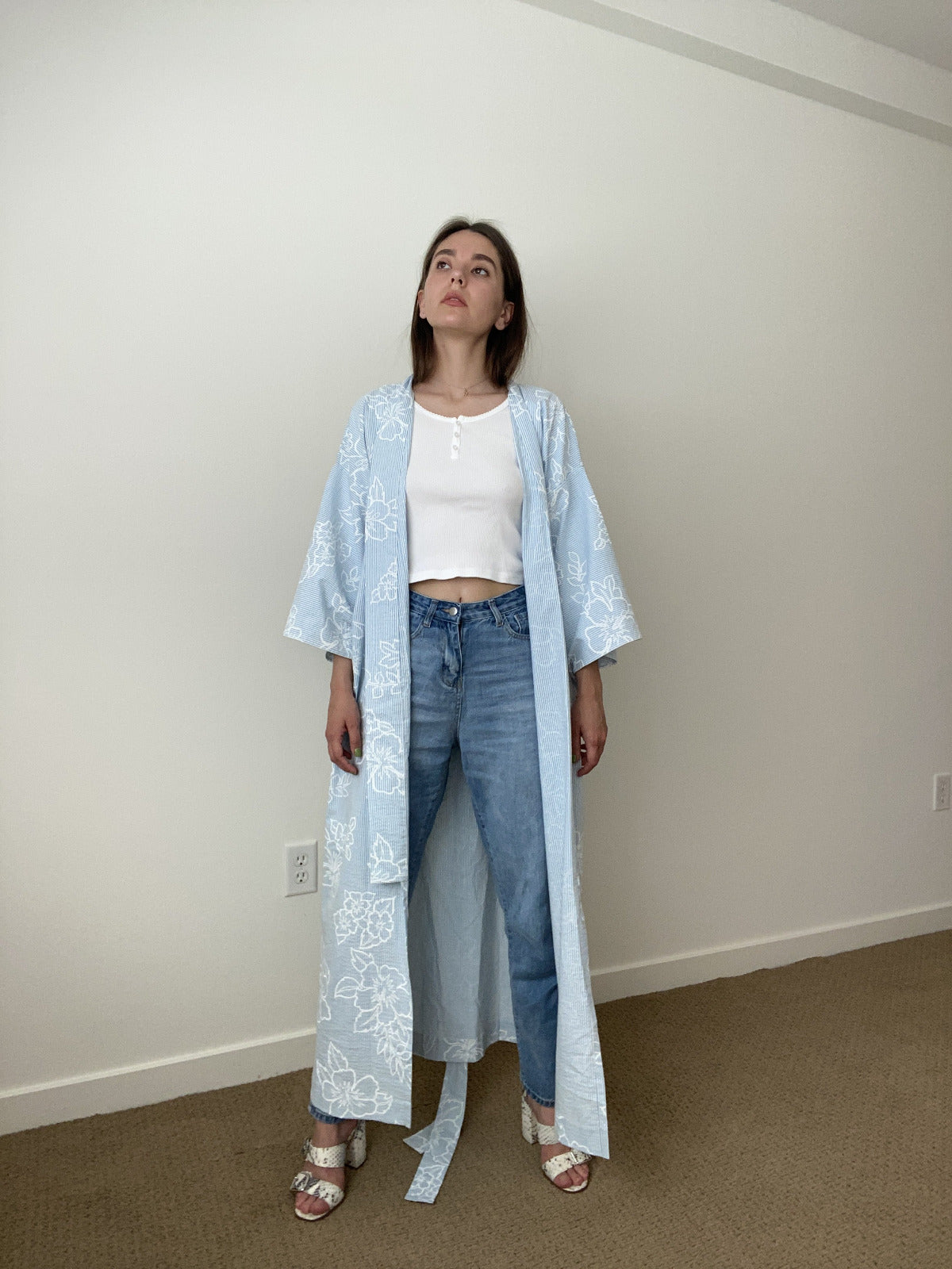 White/Powder Blue Stripe Floral Kimono Robe by Ludmila Couture